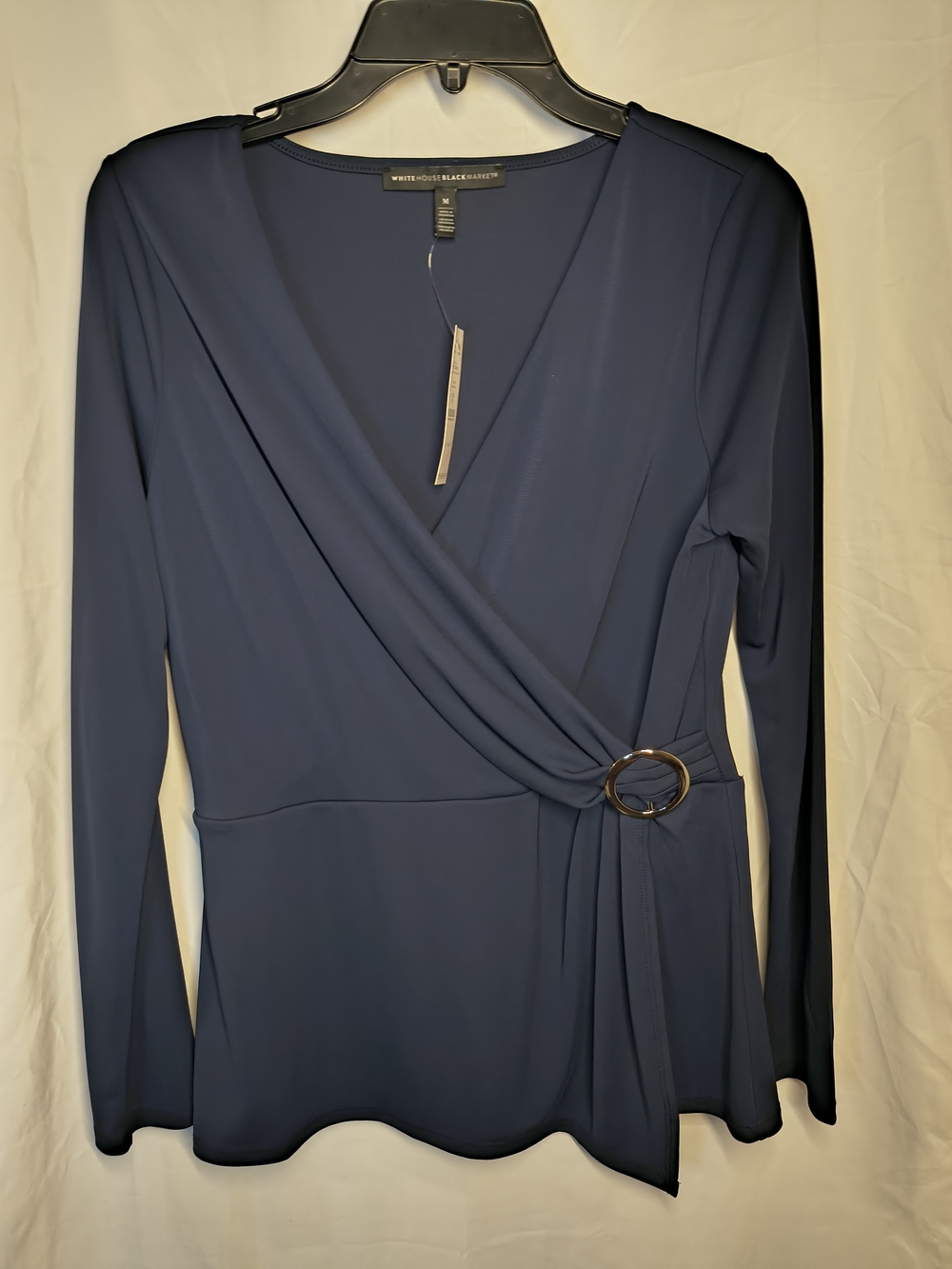 White House Black Market Navy Faux Wrap Top with Ring Detail